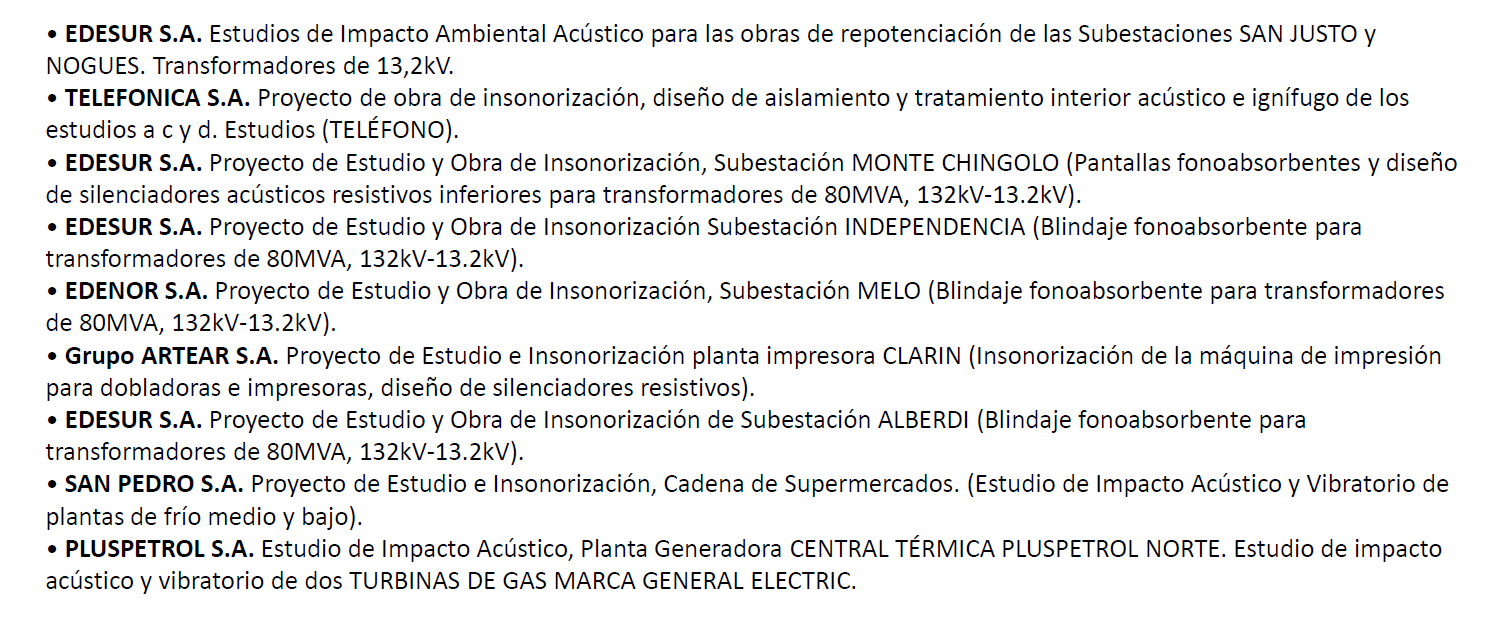 Listado de experiencia acústica industrial e infraestructura