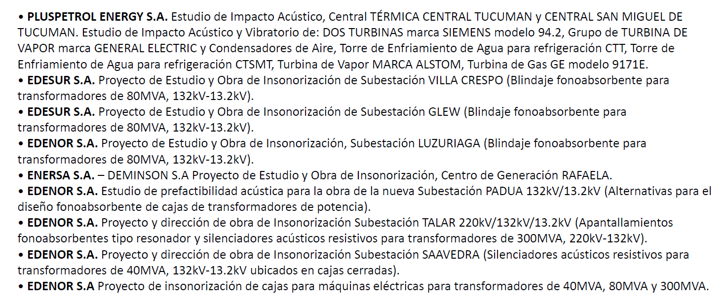 Listado de experiencia en centrales térmicas y subestaciones