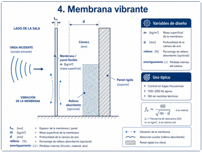 Esquema técnico de membrana vibrante acústica