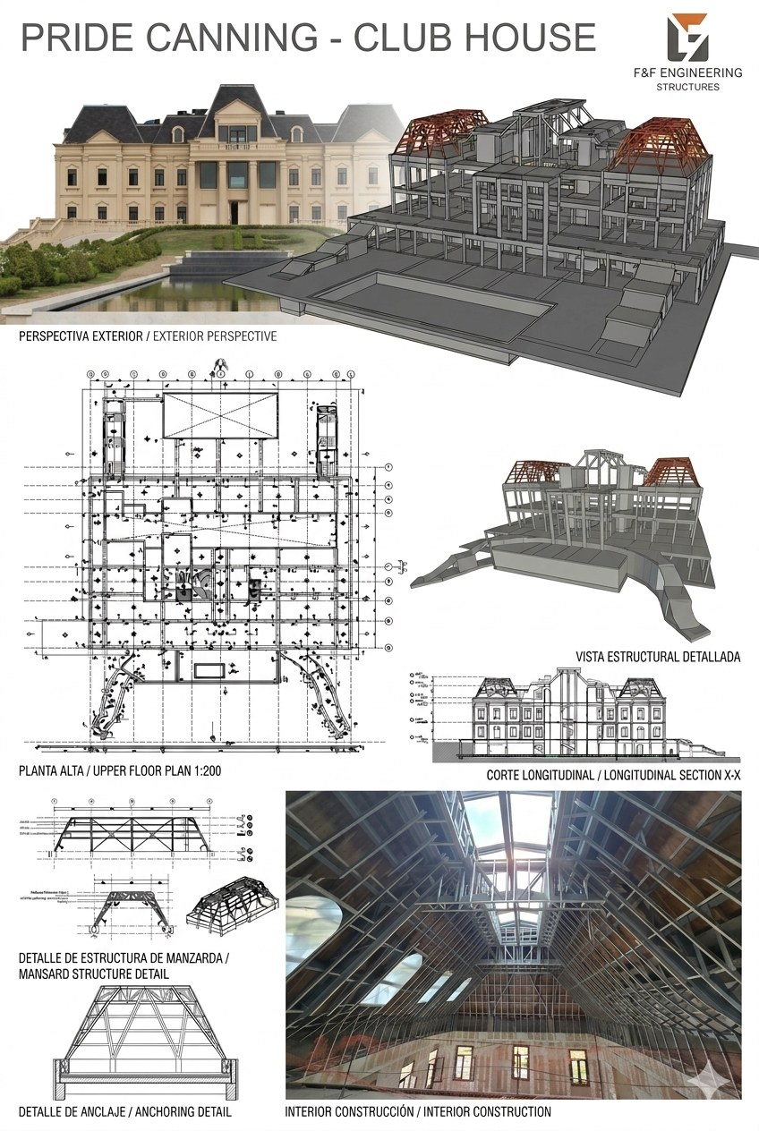 Presentación técnica de obra civil con modelo BIM, planos, cortes, detalles y obra real