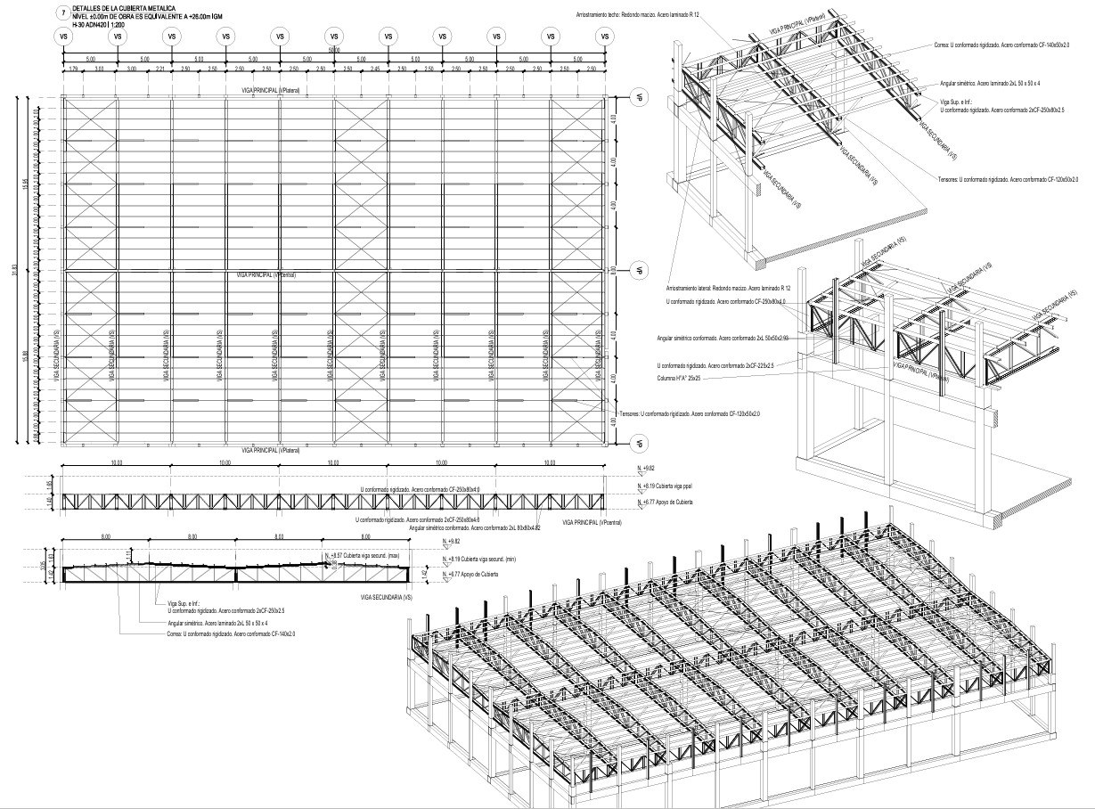 Detalle técnico de cubierta metálica y estructura de acero