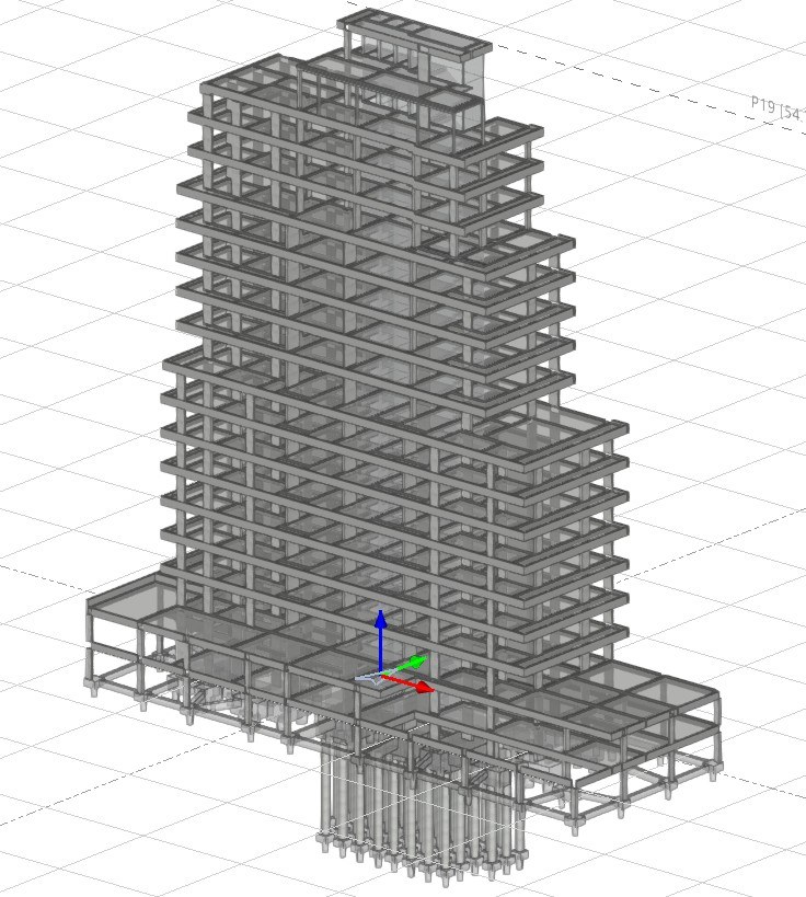 Modelo BIM estructural de edificio en altura con fundaciones profundas