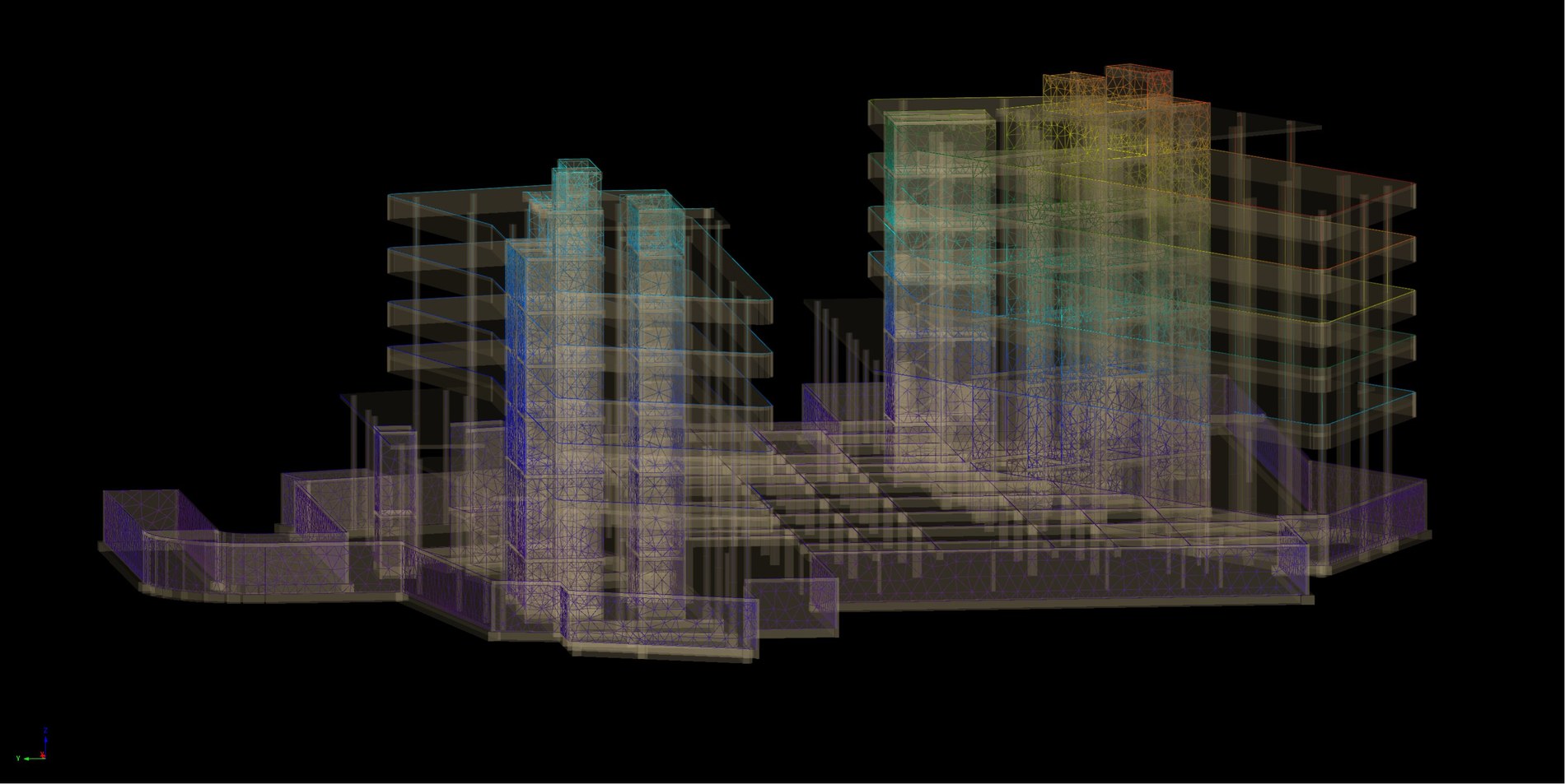 Modelo estructural de desarrollo inmobiliario con edificios vinculados