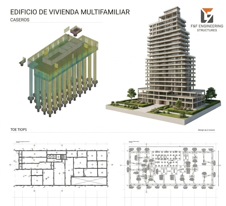 Panel técnico con modelo BIM, edificio y documentación estructural