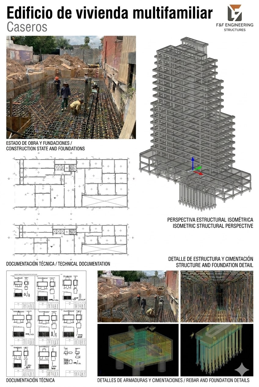 Panel técnico de edificio multifamiliar con fundaciones, planos y obra