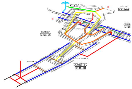 Esquema técnico de estación de metro con recorridos y especialidades