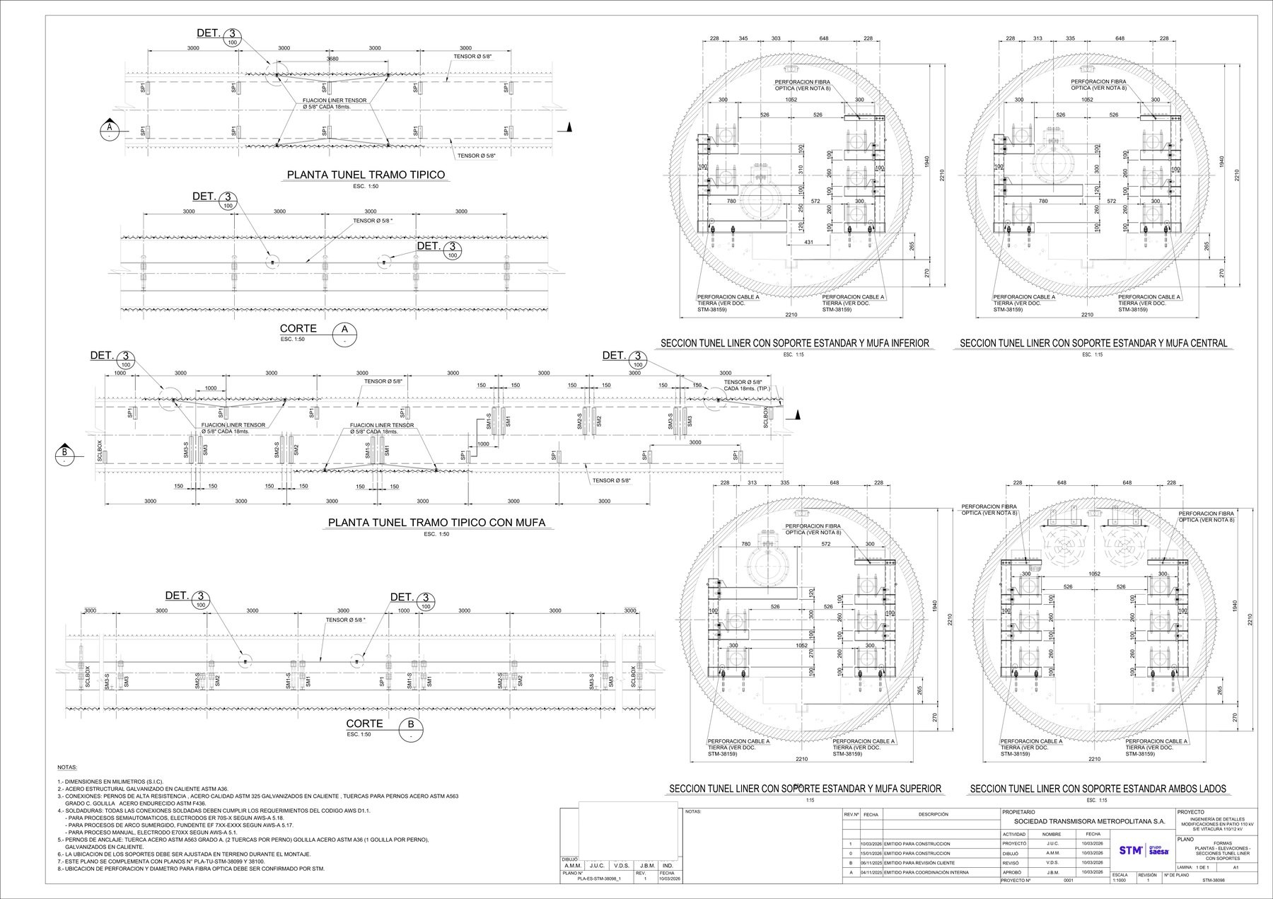Plano técnico de túnel con soportes, secciones y detalles constructivos